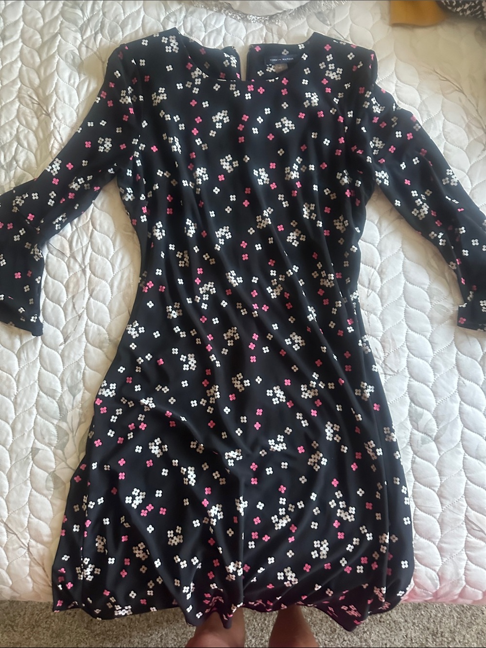 Tommy Hilfiger Black Long Sleeve Floral Dress with Pink & White Accents